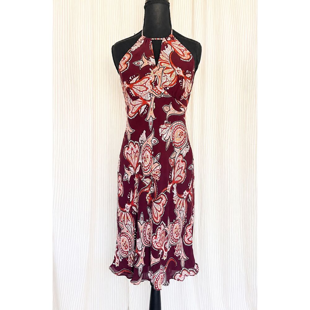 ANN TAYLOR LOFT Dress Women’s Size 6 Burgundy Paisley Halter Midi Keyhole Lined